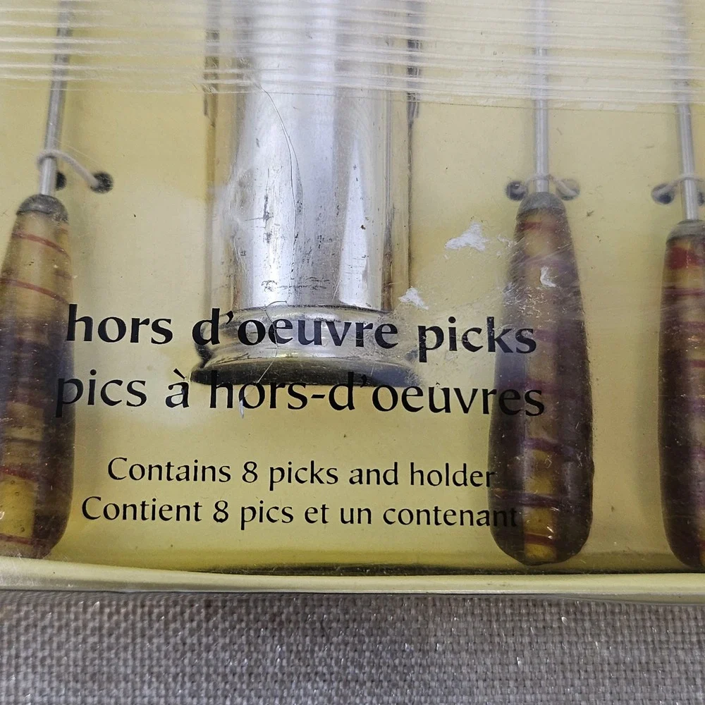Vtg Appetizer Pick Set 8pc Amber Swirl Resin Handles Stainless Steel 510/5102